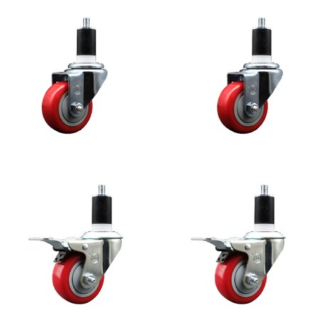 Service Caster 3'' SS Red Poly Swivel 1-1/2'' Expanding Stem Caster Set 2 Total Lock Brakes, 4PK SCC-SSEXTTL20S314-PPUB-RED-2-S-2-112
